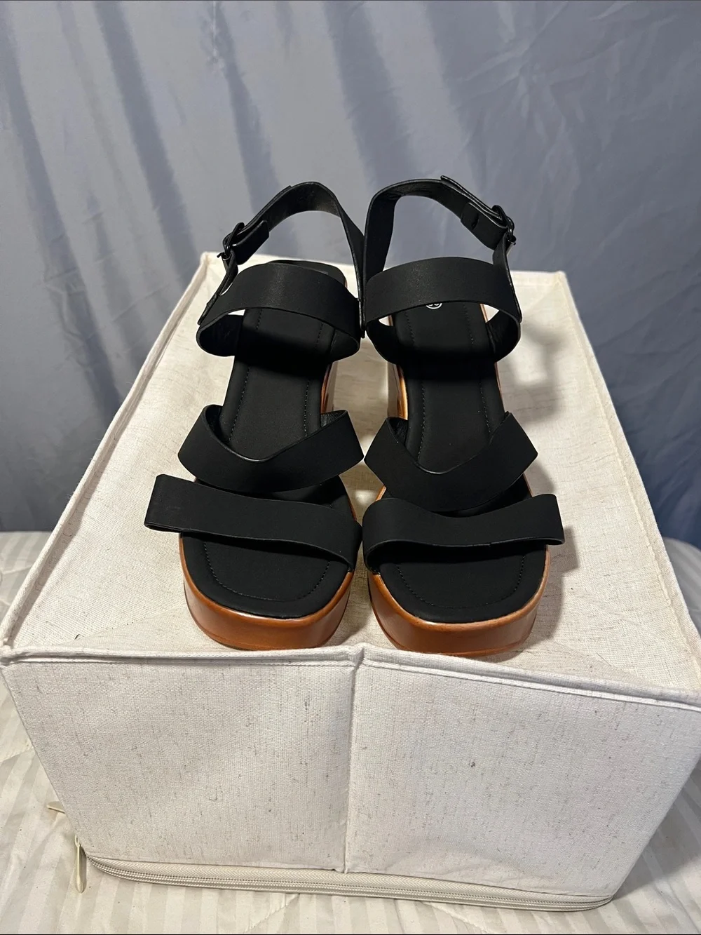 SHEIN Black Strappy Platform Sandals with Tan Block Heel